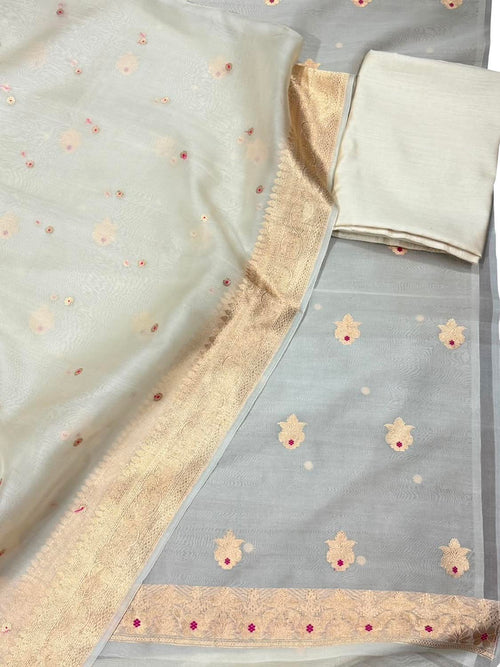 Grey And Off White Banarasi Handloom Kora Silk Unstitched Suit Set