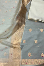 Grey And Off White Banarasi Handloom Kora Silk Unstitched Suit Set