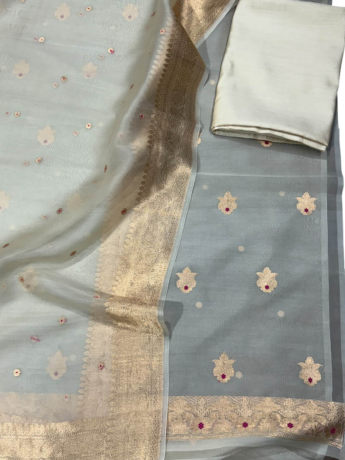 Grey And Off White Banarasi Handloom Kora Silk Unstitched Suit Set