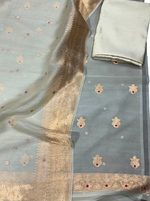 Grey And Off White Banarasi Handloom Kora Silk Unstitched Suit Set