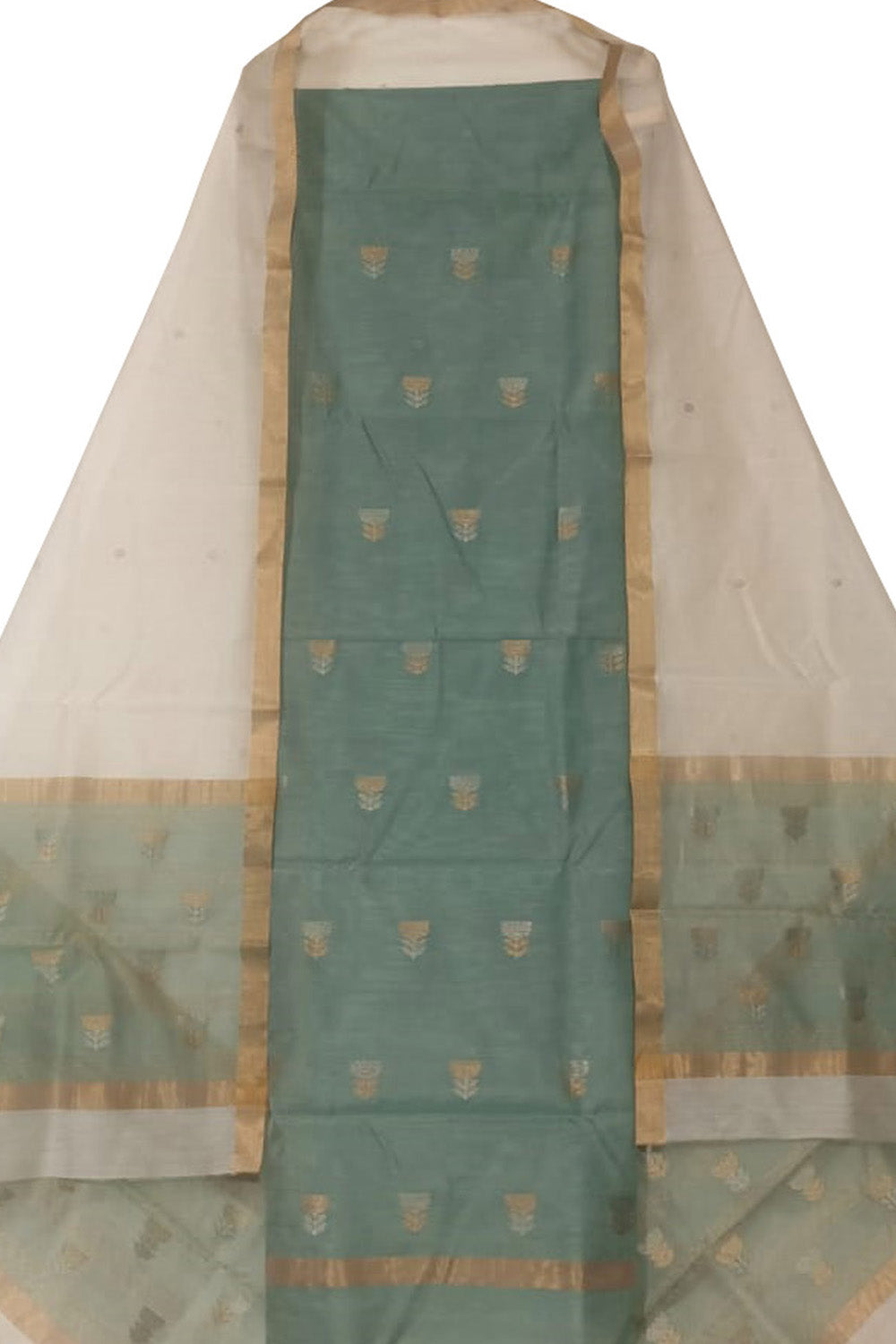 Grey And Off White Chanderi Handloom Cotton Silk Two Piece Unstitched Suit Set