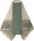 Grey And Off White Chanderi Handloom Cotton Silk Two Piece Unstitched Suit Set