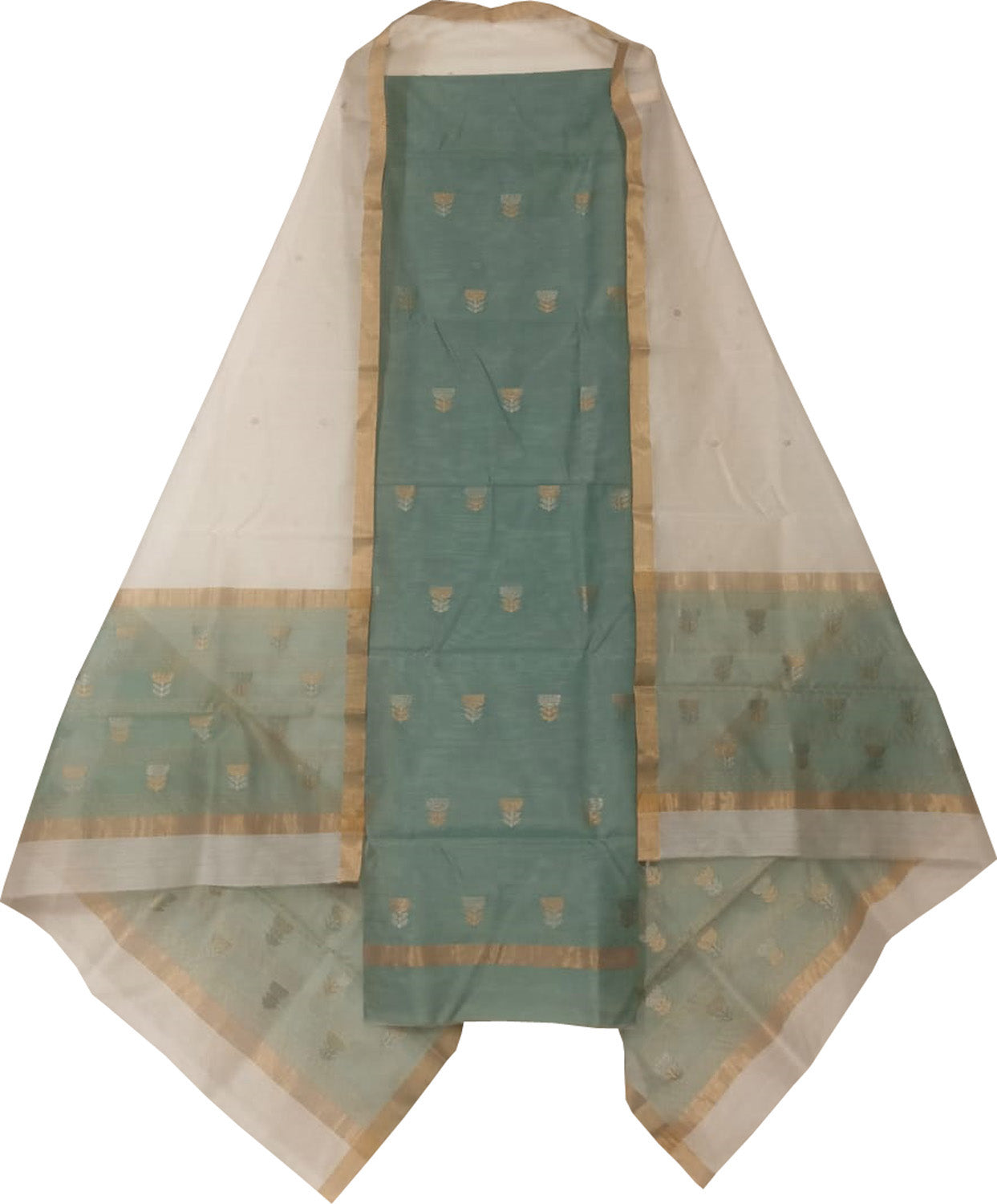 Grey And Off White Chanderi Handloom Cotton Silk Two Piece Unstitched Suit Set