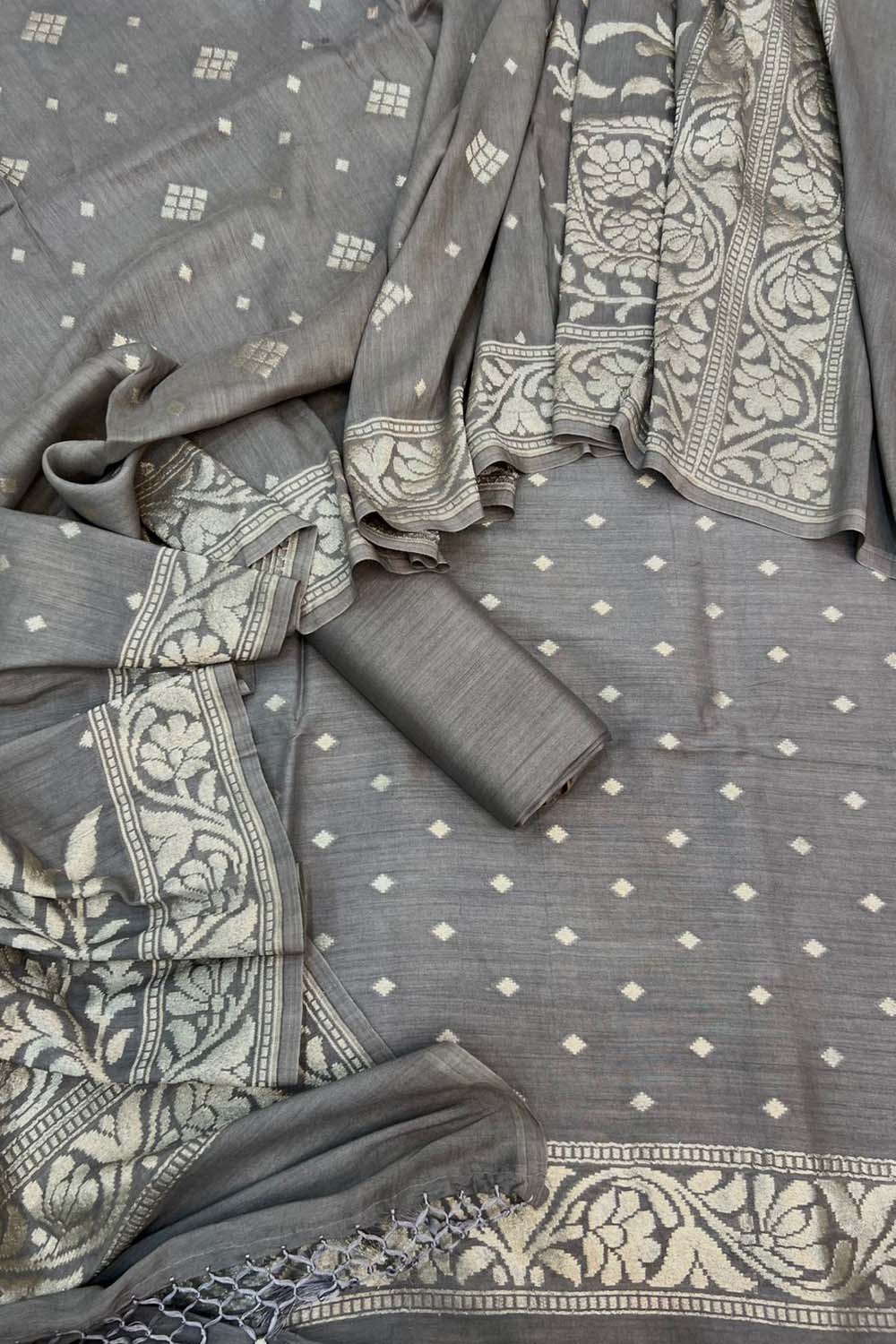 Grey Banarasi Chiniya Silk Unstitched Suit Set