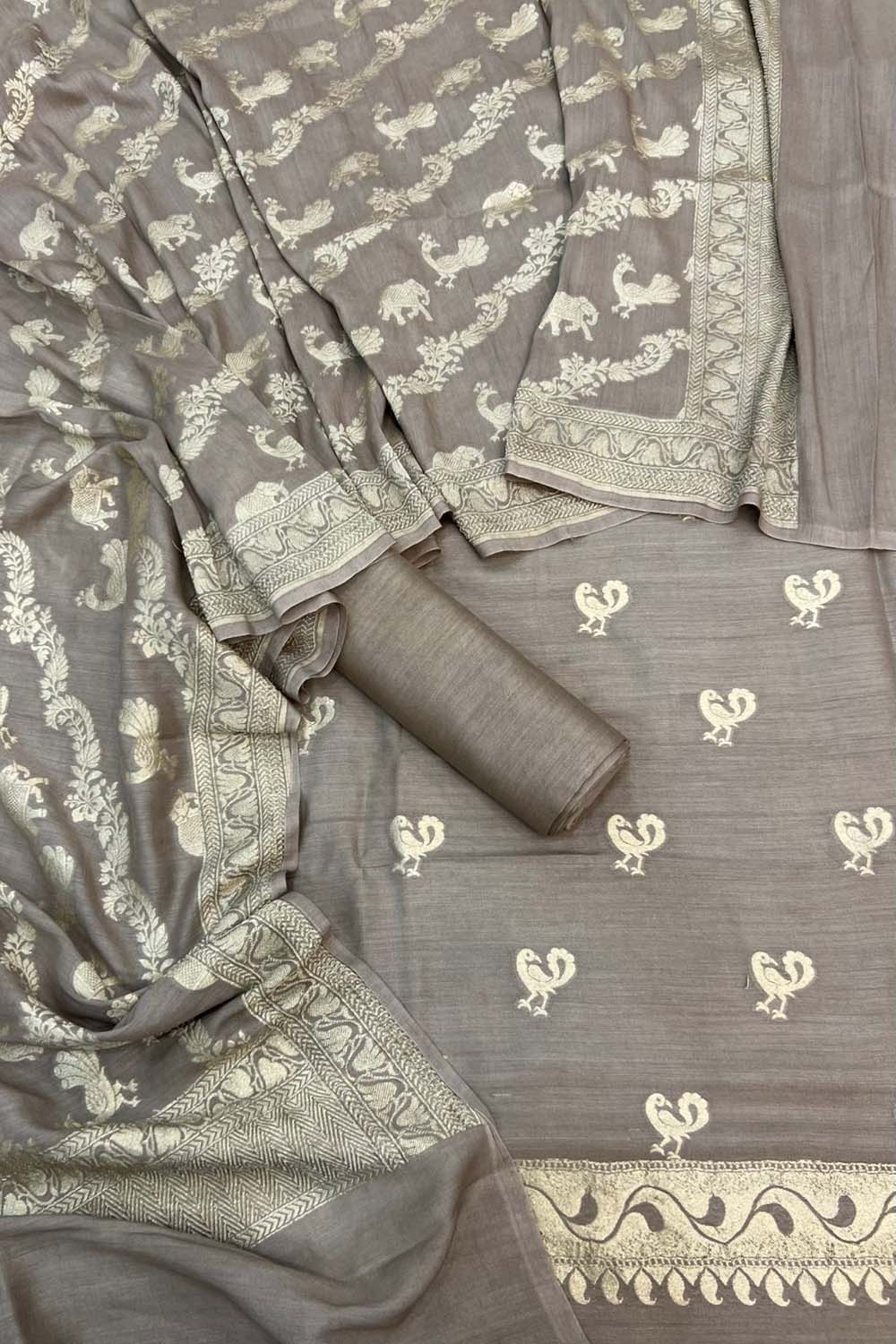 Grey Banarasi Chiniya Silk Unstitched Suit Set