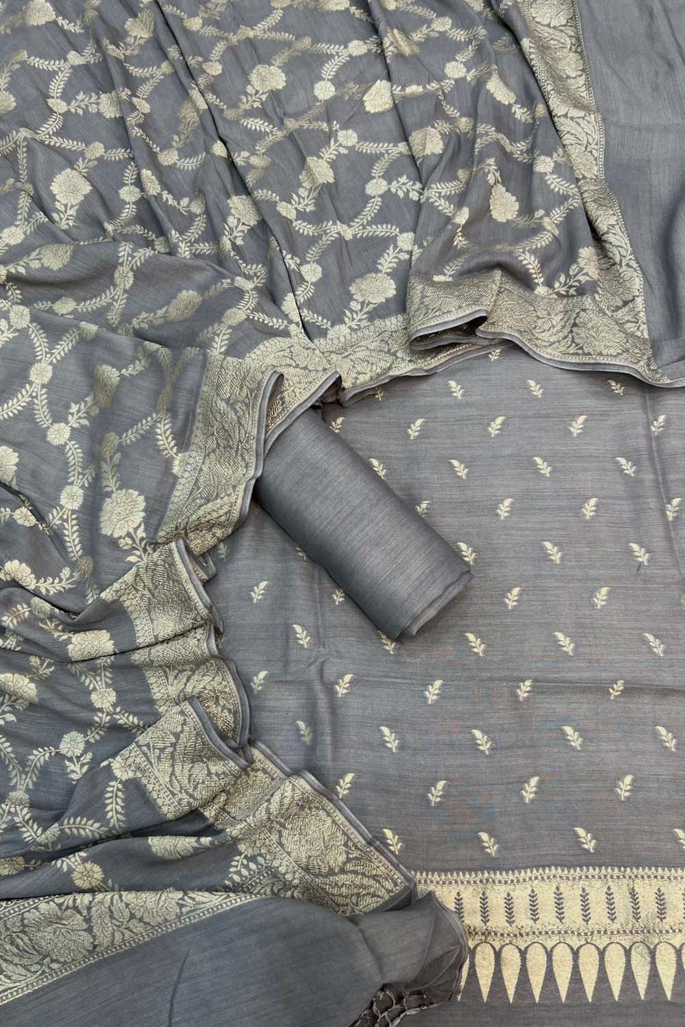 Grey Banarasi Chiniya Silk Unstitched Suit Set