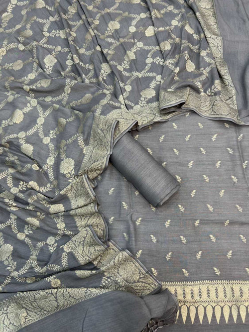 Grey Banarasi Chiniya Silk Unstitched Suit Set