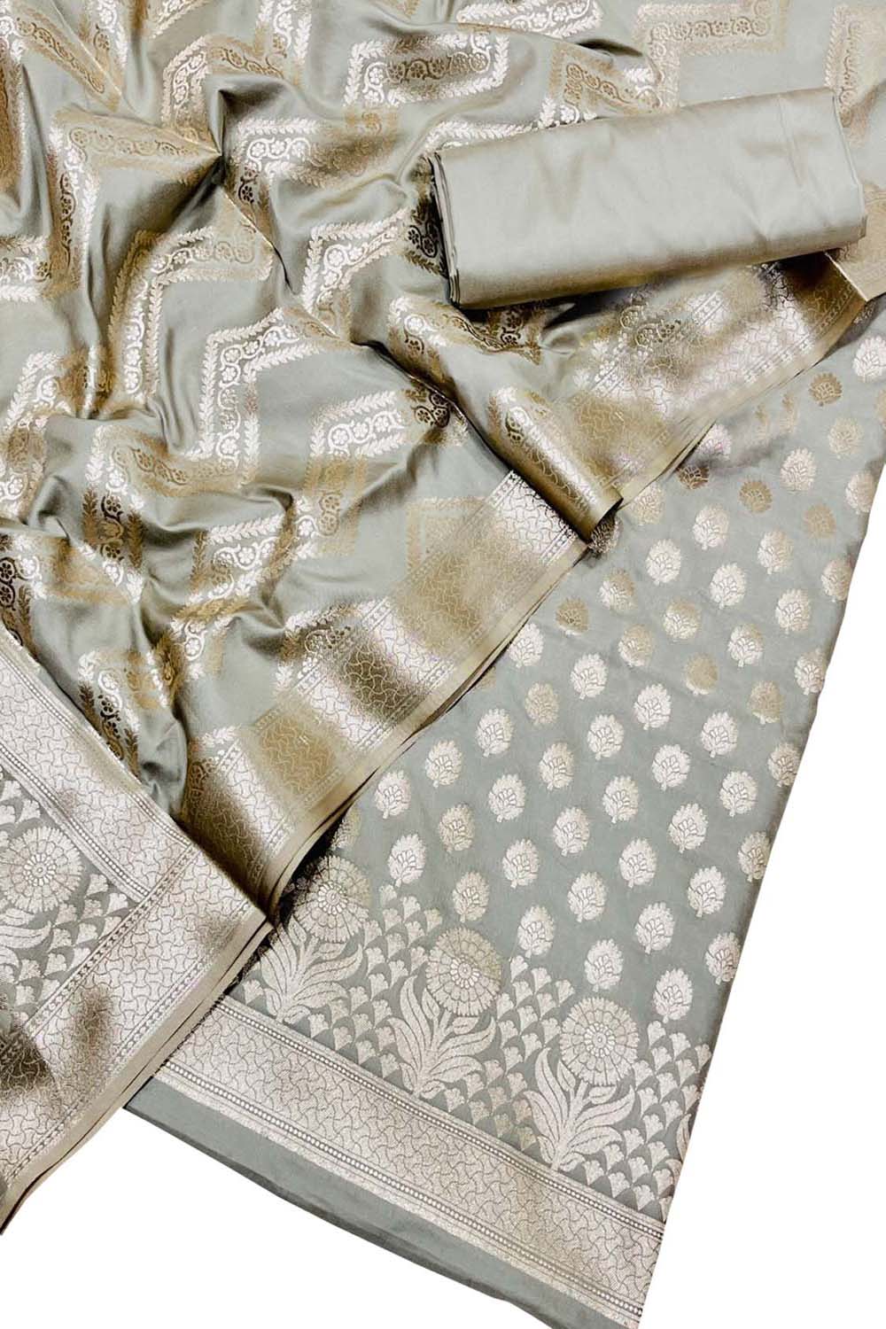 Grey Banarasi Silk Unstitched Suit Set Three Piece Formal Wear