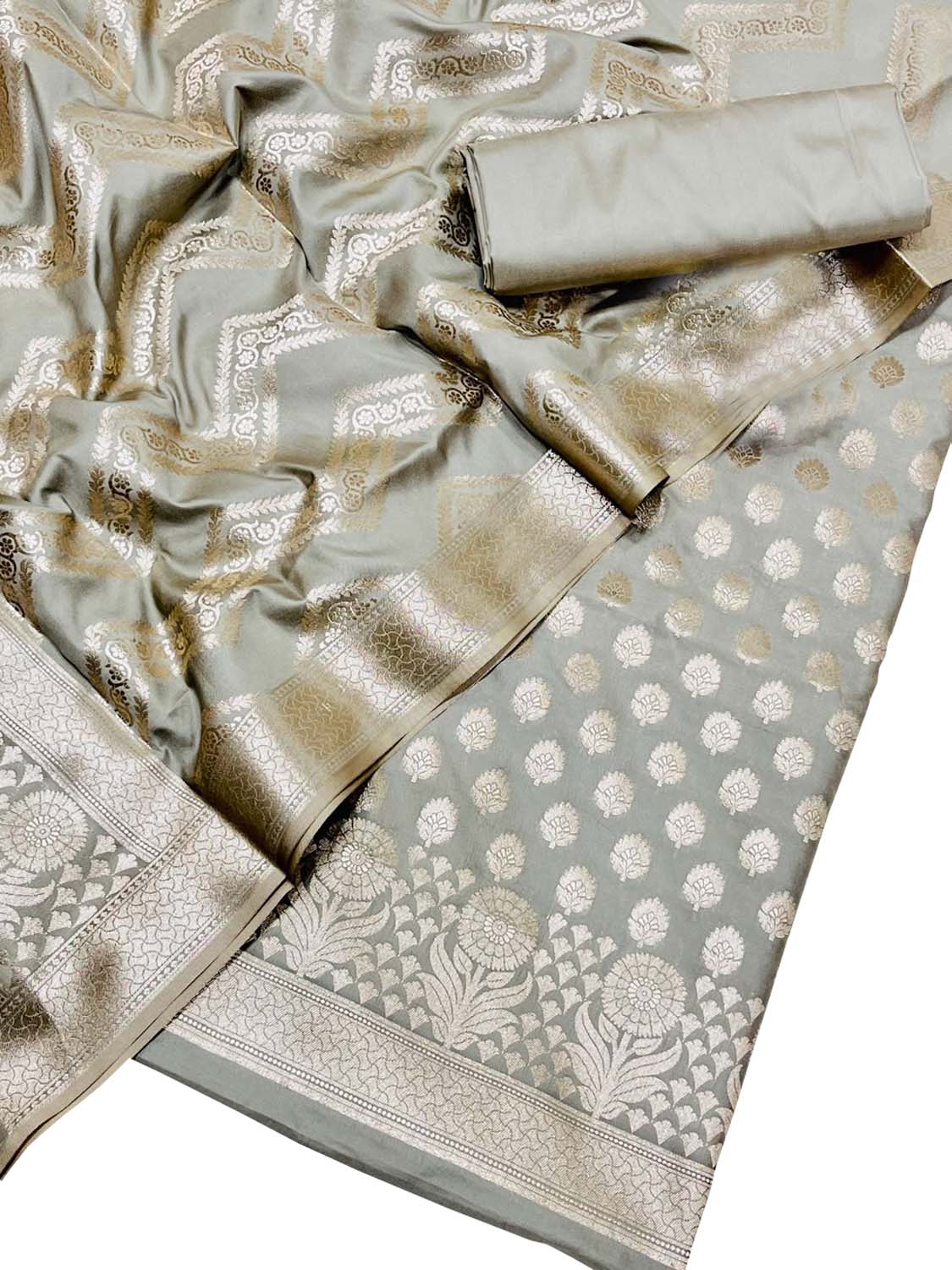 Grey Banarasi Silk Unstitched Suit Set Three Piece Formal Wear