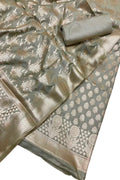 Grey Banarasi Silk Suit Set Unstitched Three Piece Formal Wear
