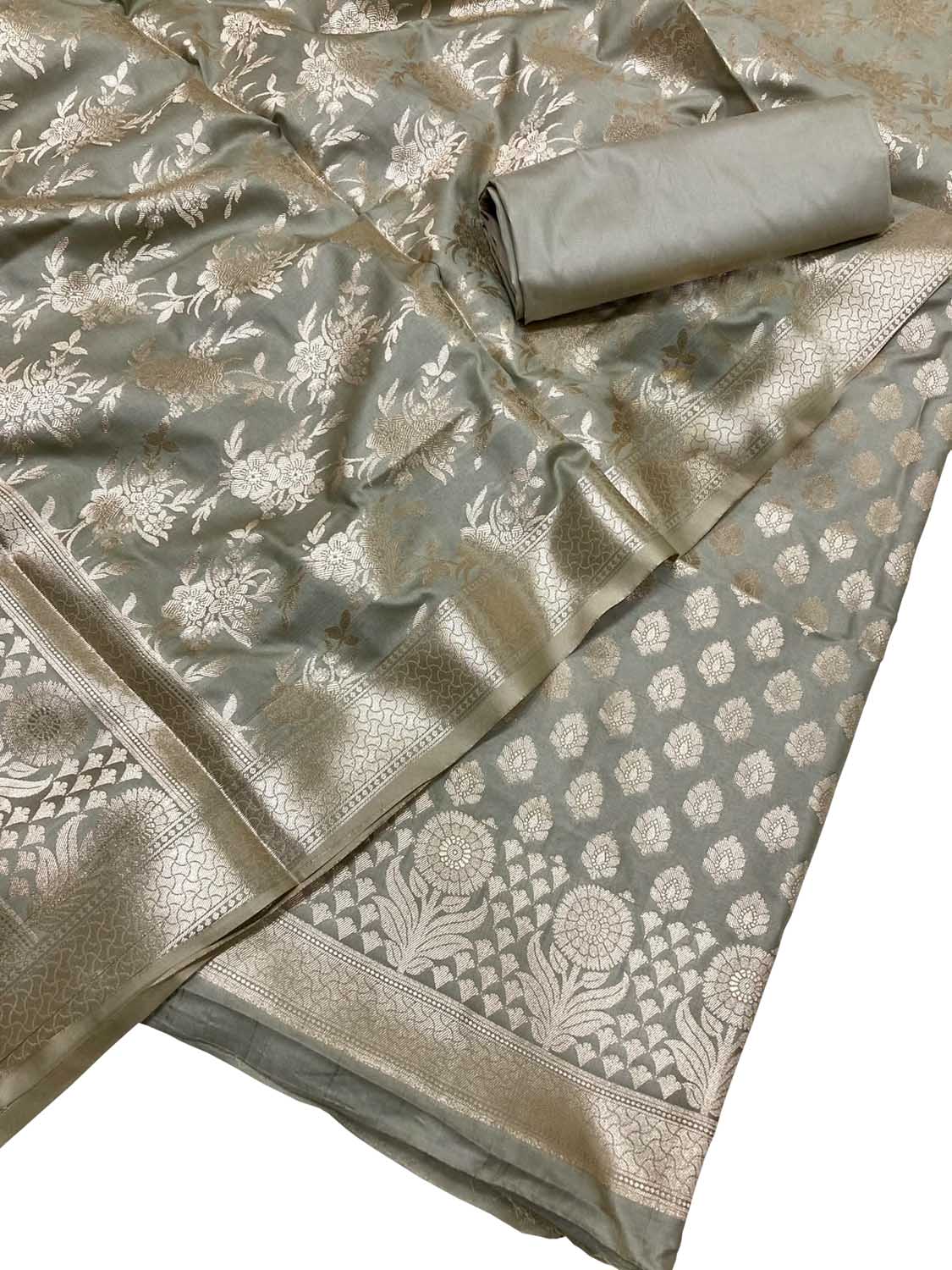 Grey Banarasi Silk Suit Set Unstitched Three Piece Formal Wear