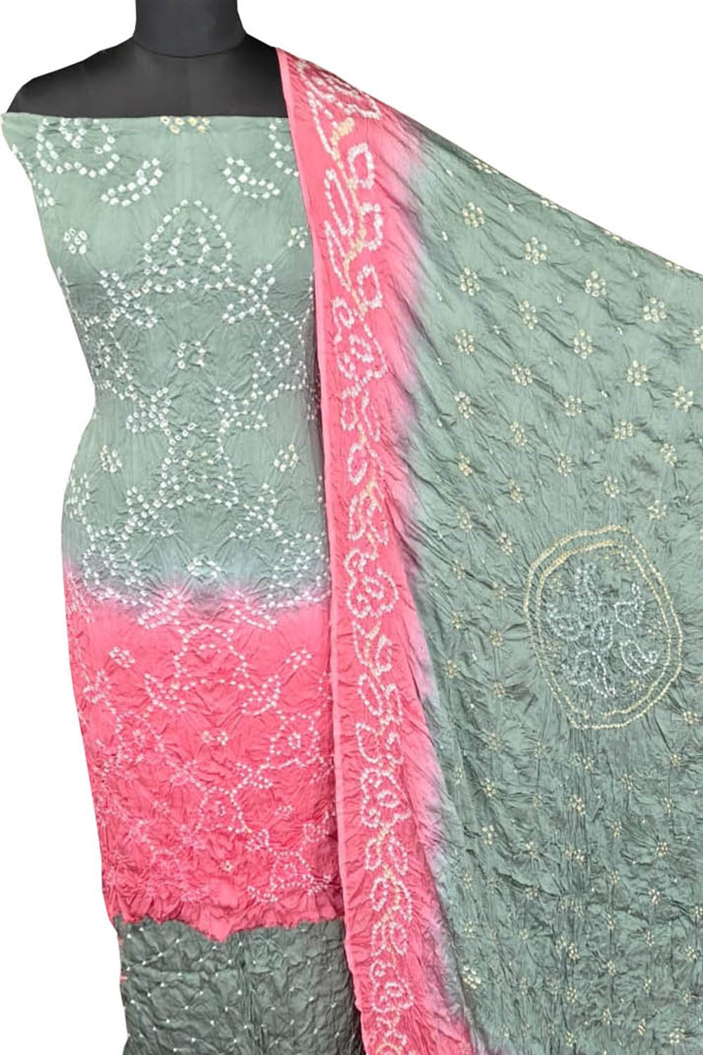 Grey Bandhani Modak Silk Three Piece Unstitched Suit Set