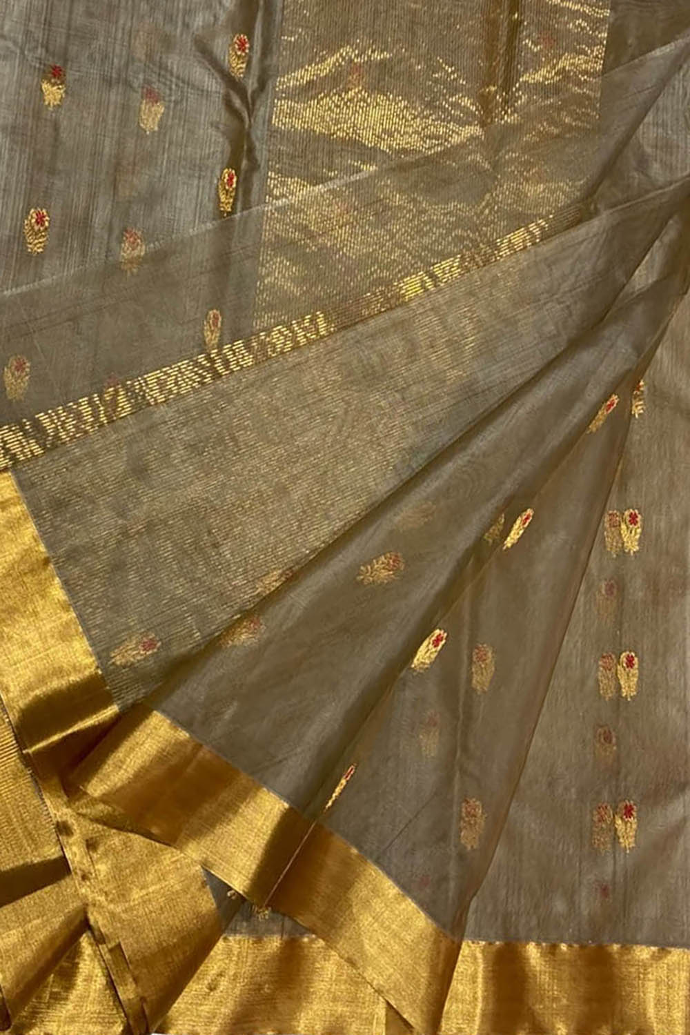 Grey Chanderi Handloom Pure Katan Silk Saree