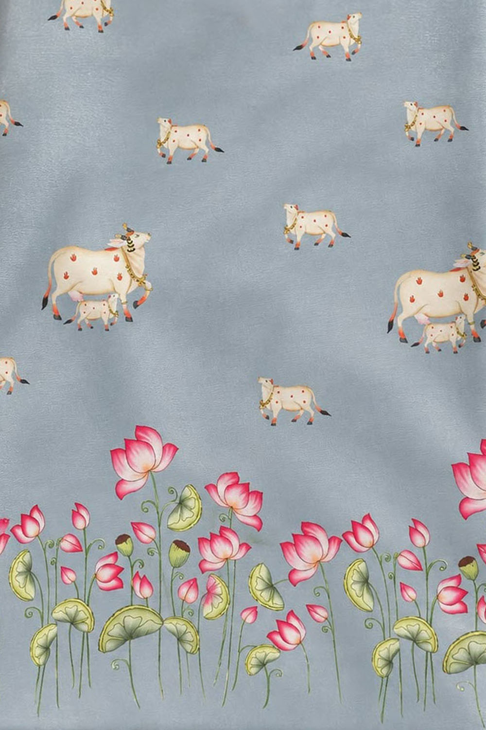 Grey Digital Pichwai Printed Modal Satin Fabric