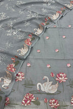 Grey Parsi Gara Cotton Suit — Embroidered Swan Design, Contemporary
