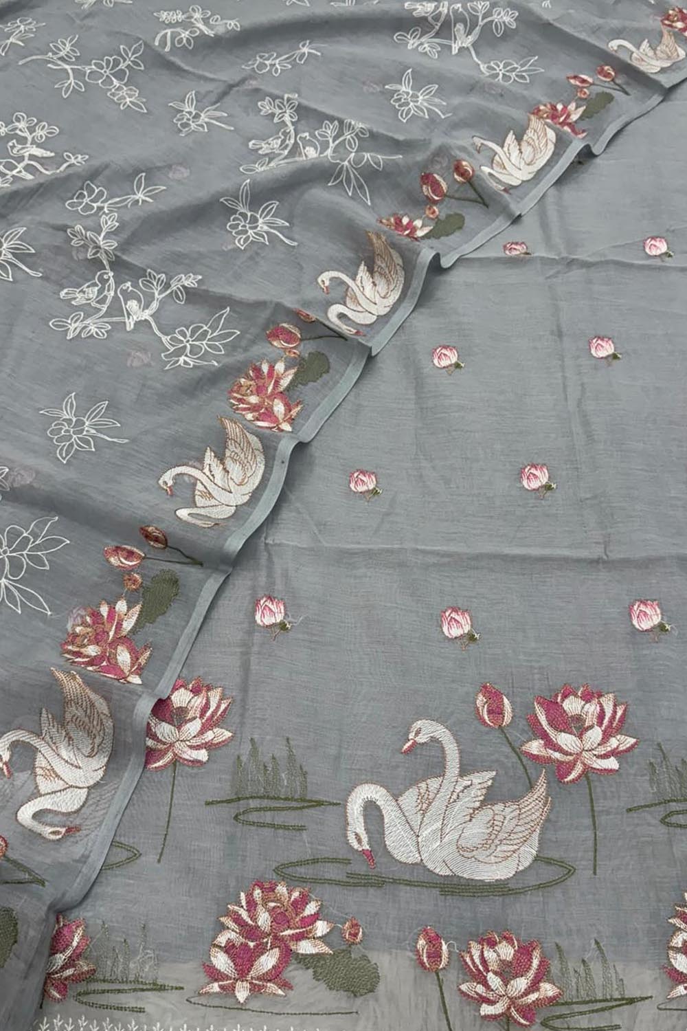Grey Parsi Gara Cotton Suit — Embroidered Swan Design, Contemporary