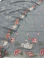 Grey Parsi Gara Cotton Suit — Embroidered Swan Design, Contemporary