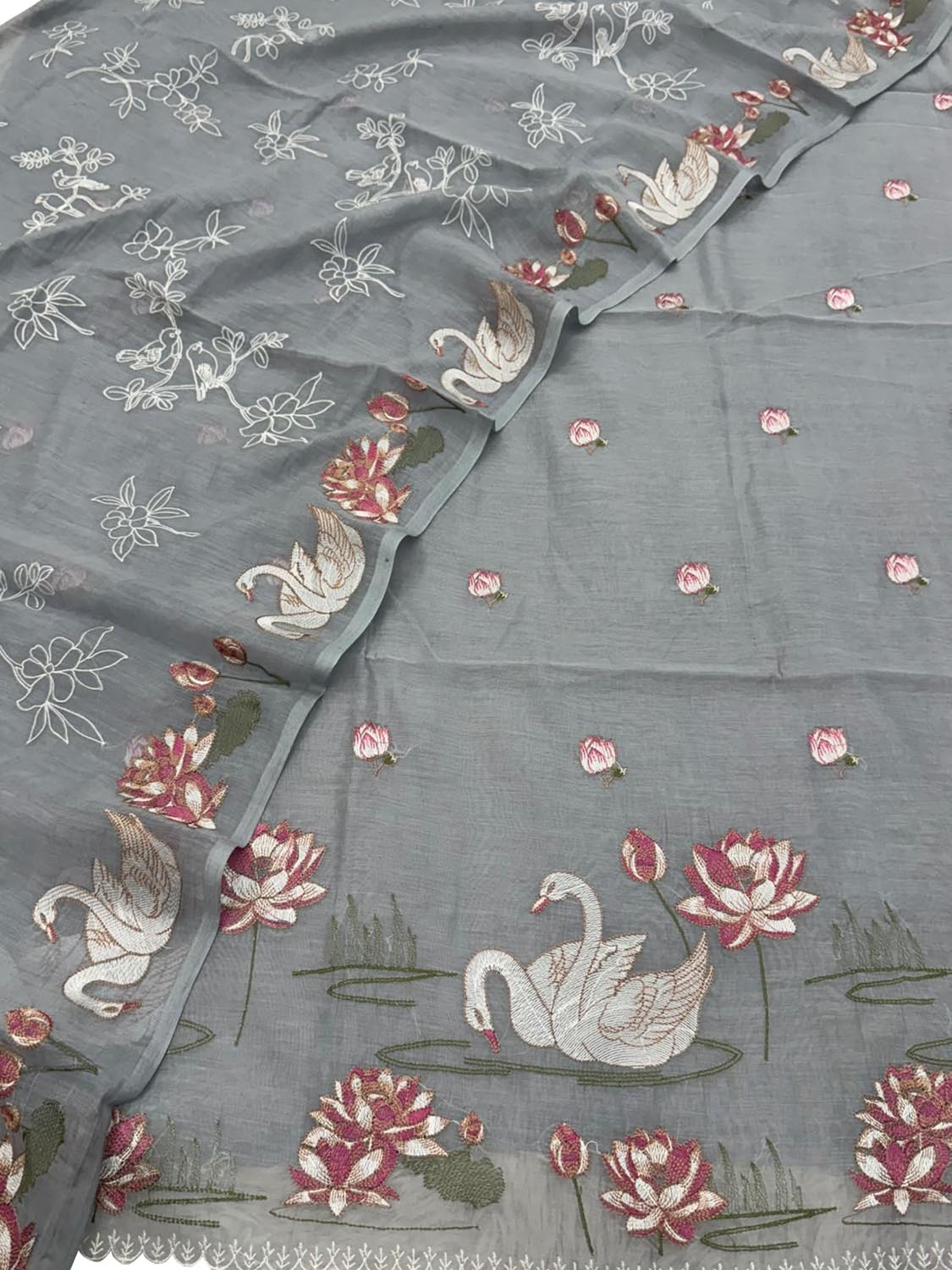 Grey Parsi Gara Cotton Suit — Embroidered Swan Design, Contemporary
