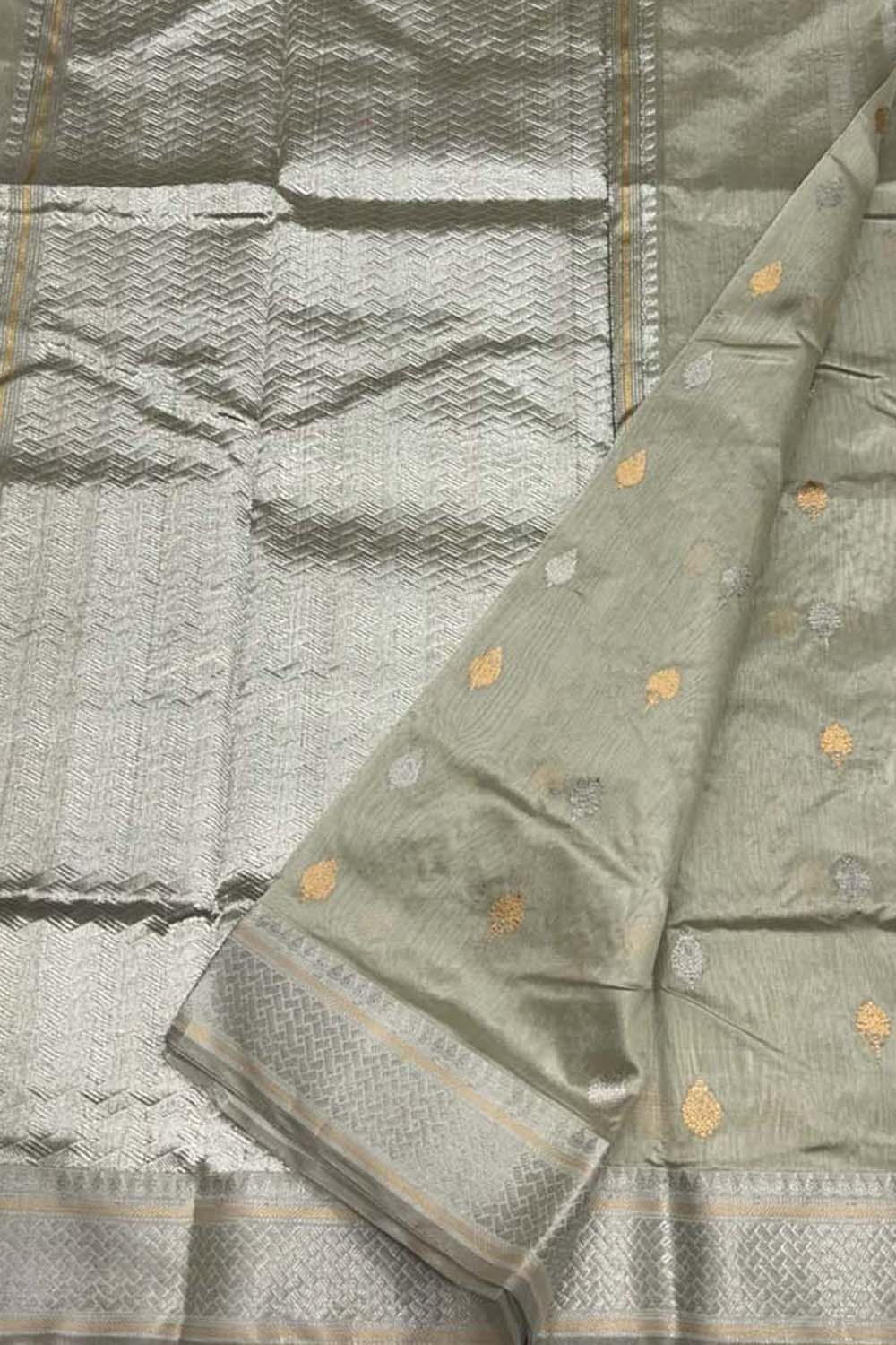 Grey Handloom Chanderi Pure Silk Saree