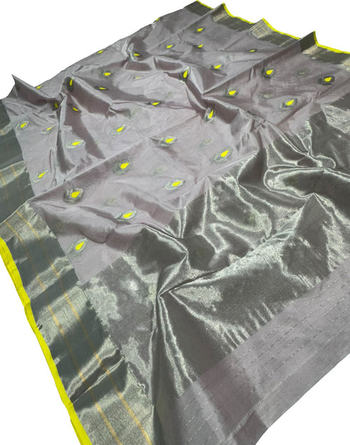 Grey Handloom Chanderi Pure Silk Saree
