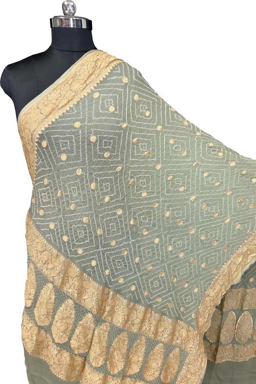Grey Pure Georgette Bandhani Rai Bandhej Dupatta