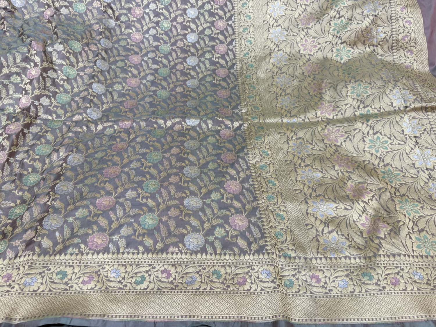 Grey Pure Katan Silk Banarasi Saree Handloom Formal Wear