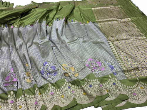 Grey Pure Katan Silk Kadwa Woven Banarasi Saree Festive
