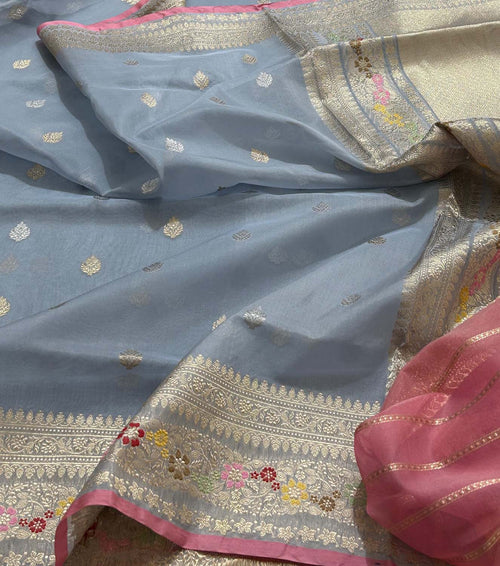 Grey Banarasi Pure Kora Tissue Handloom Saree Meenakari
