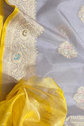 Grey Banarasi Pure Kora Tissue Handloom Saree Meenakari