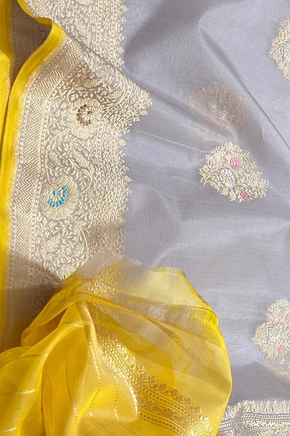 Grey Banarasi Pure Kora Tissue Handloom Saree Meenakari