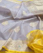 Grey Banarasi Pure Kora Tissue Handloom Saree Meenakari