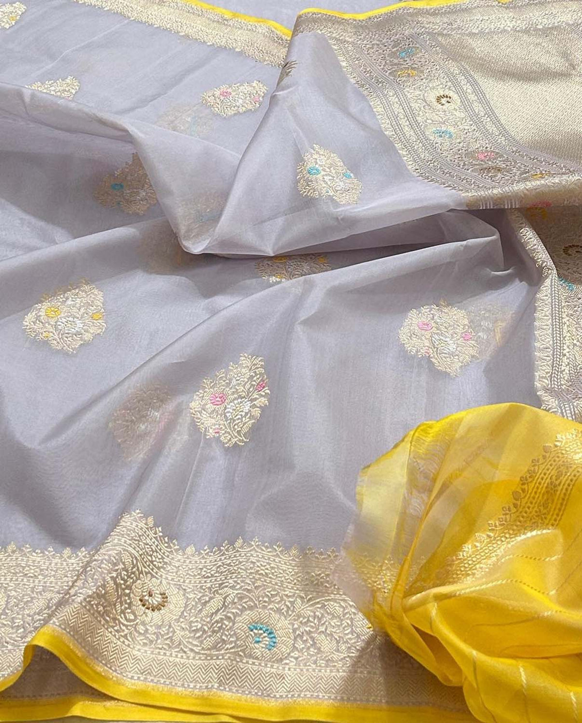 Grey Banarasi Pure Kora Tissue Handloom Saree Meenakari