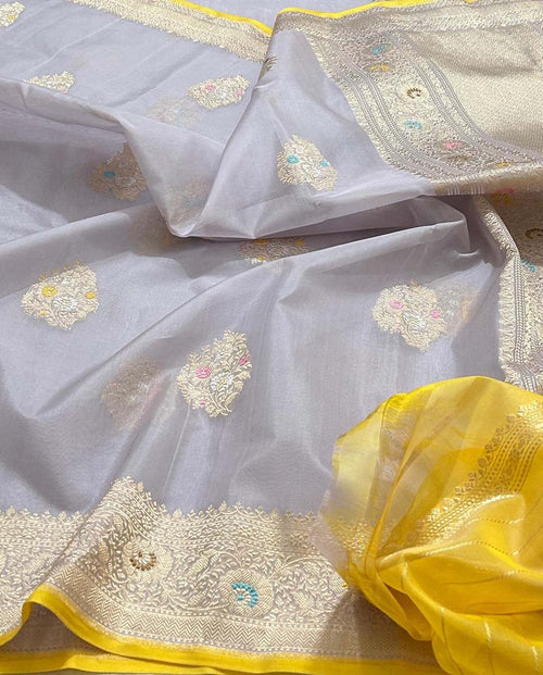 Grey Pure Kora Tissue Banarasi Handloom Meenakari Weaved Saree