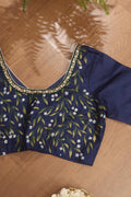 Blue Hand Painted Pure Silk V Neck Non Padded Stitched Blouse - Luxurion World