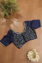 Blue Hand Painted Pure Silk V Neck Non Padded Stitched Blouse - Luxurion World