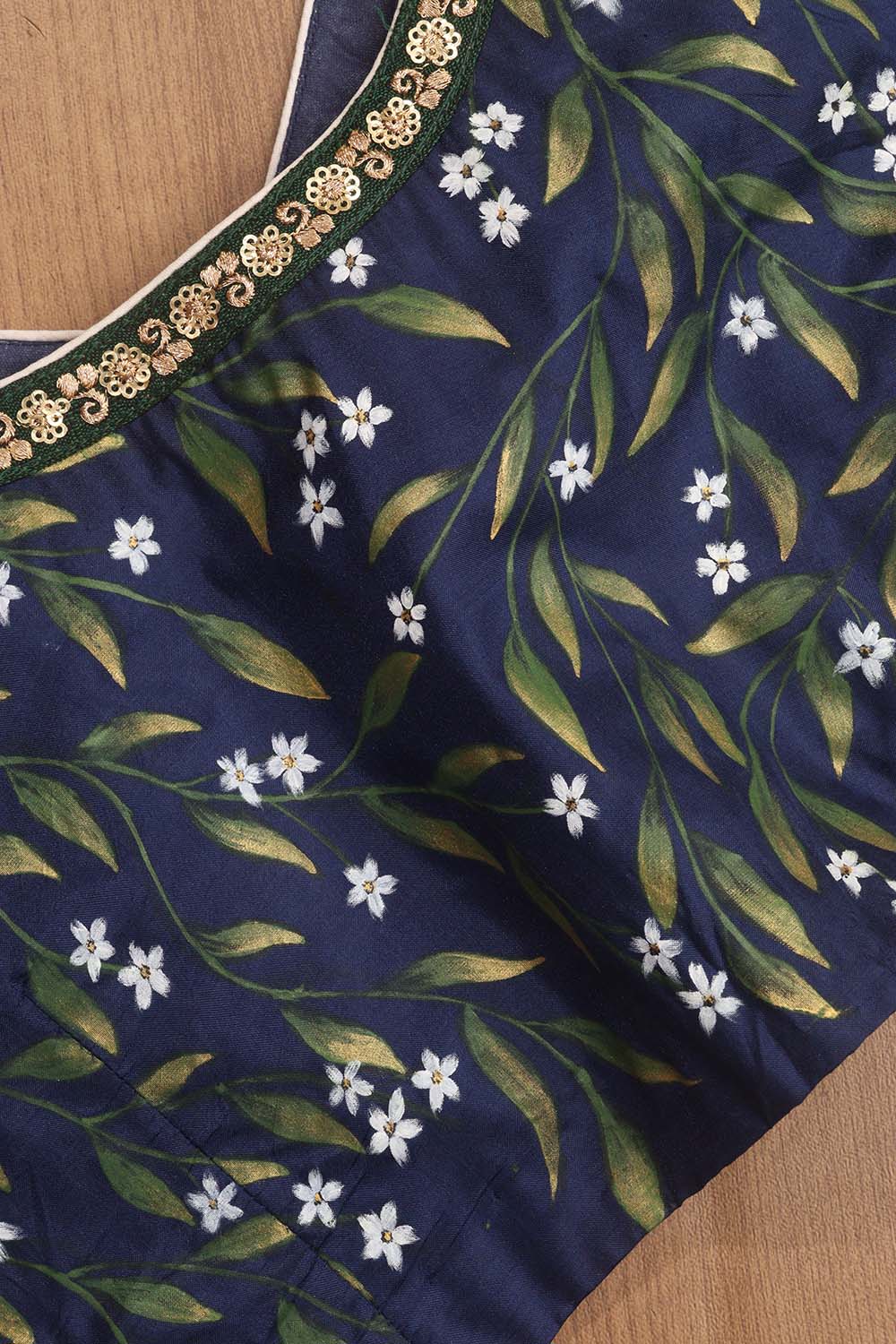 Blue Hand Painted Pure Silk V Neck Non Padded Stitched Blouse - Luxurion World