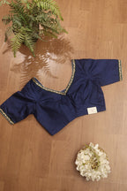 Blue Hand Painted Pure Silk V Neck Non Padded Stitched Blouse - Luxurion World
