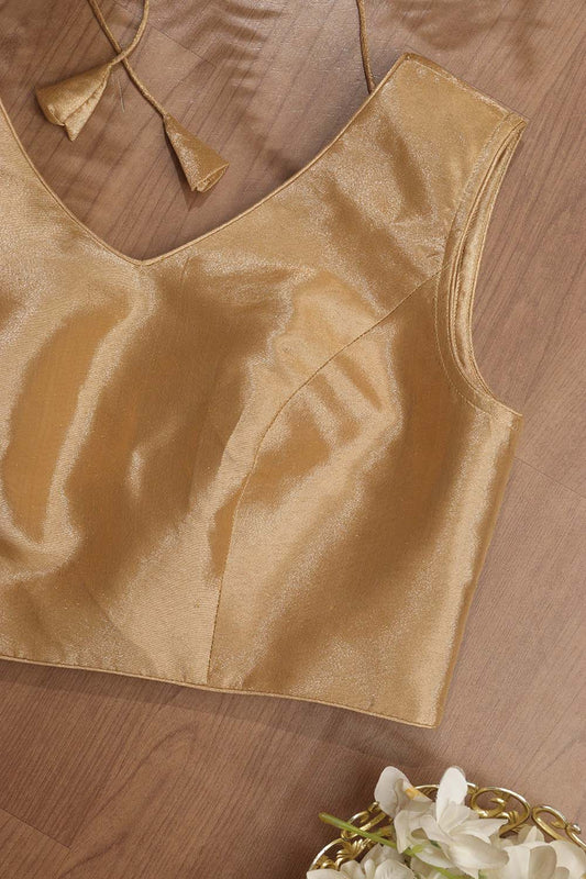Golden Tissue Silk V neck Sleeveless Non Padded Stitched Blouse - Luxurion World