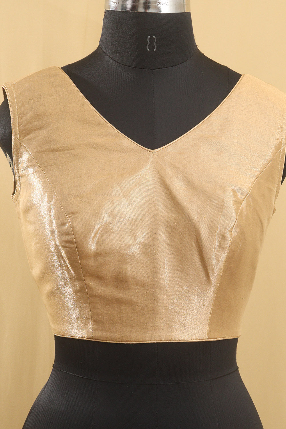 Golden Tissue Silk V neck Sleeveless Non Padded Stitched Blouse - Luxurion World