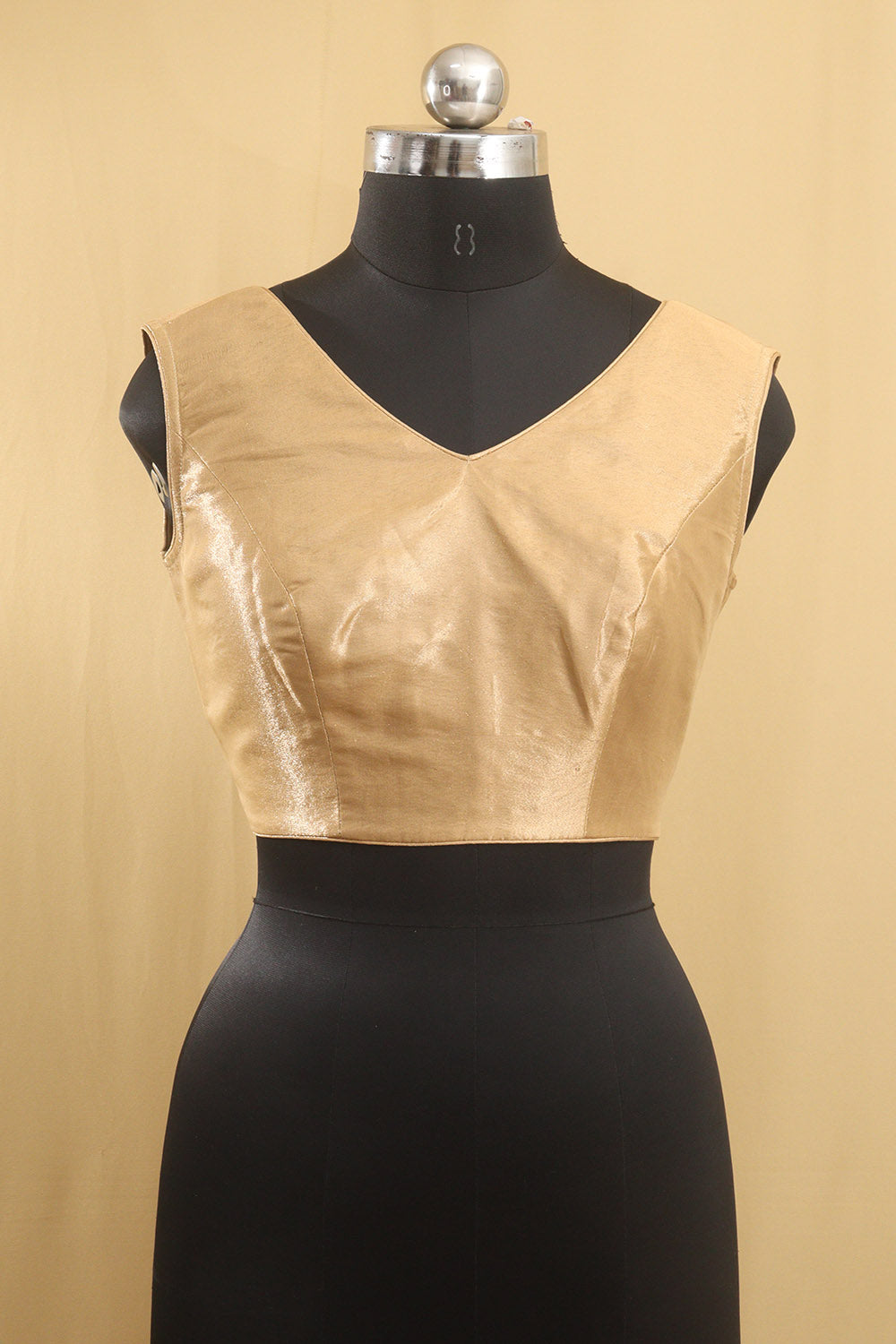 Golden Tissue Silk V neck Sleeveless Non Padded Stitched Blouse - Luxurion World