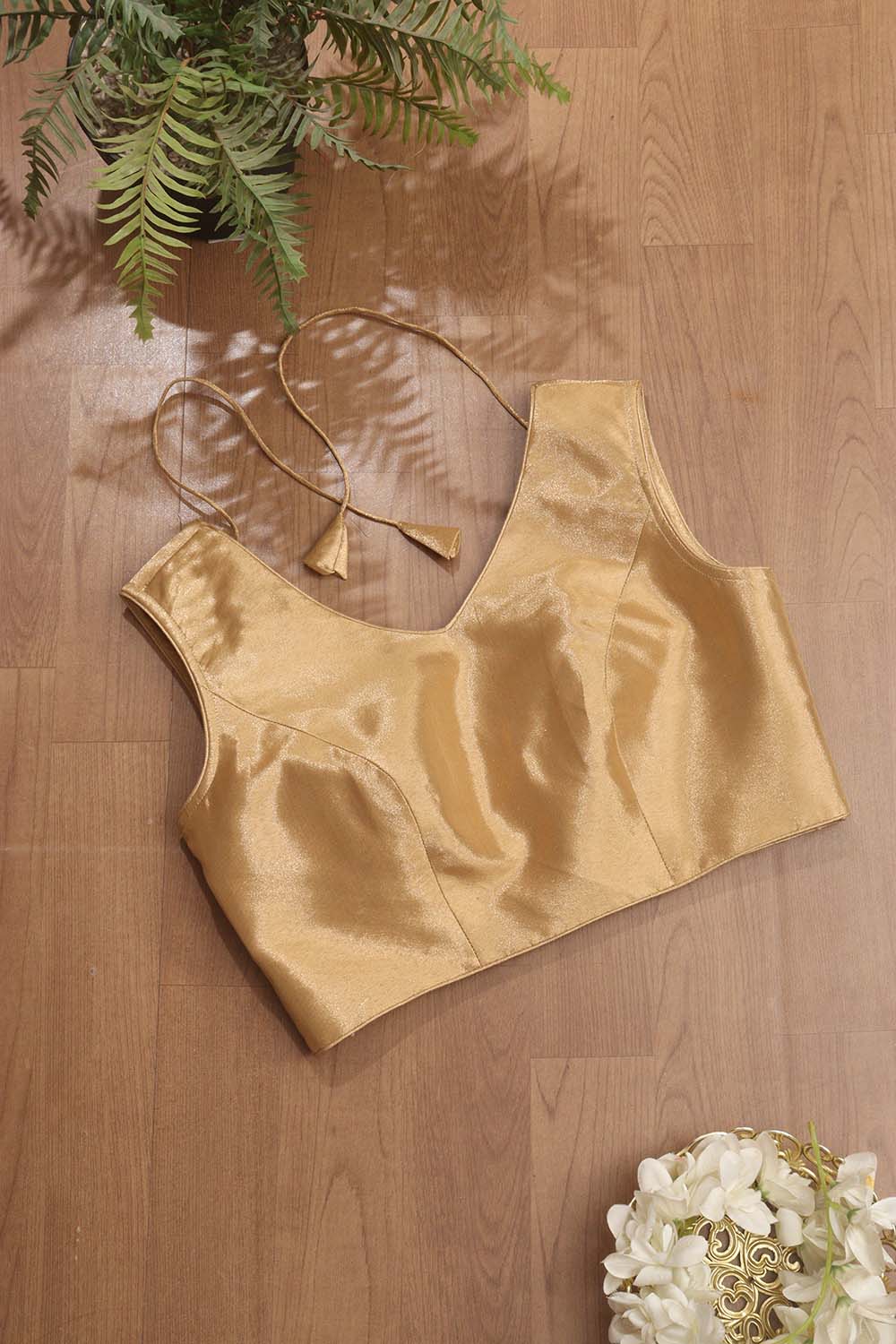 Golden Tissue Silk V neck Sleeveless Non Padded Stitched Blouse - Luxurion World