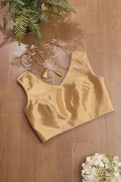 Golden Tissue Silk V neck Sleeveless Non Padded Stitched Blouse - Luxurion World