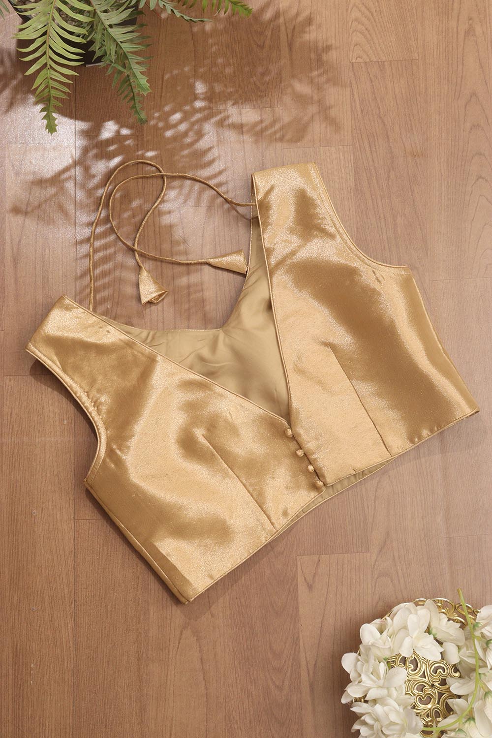 Golden Tissue Silk V neck Sleeveless Non Padded Stitched Blouse - Luxurion World