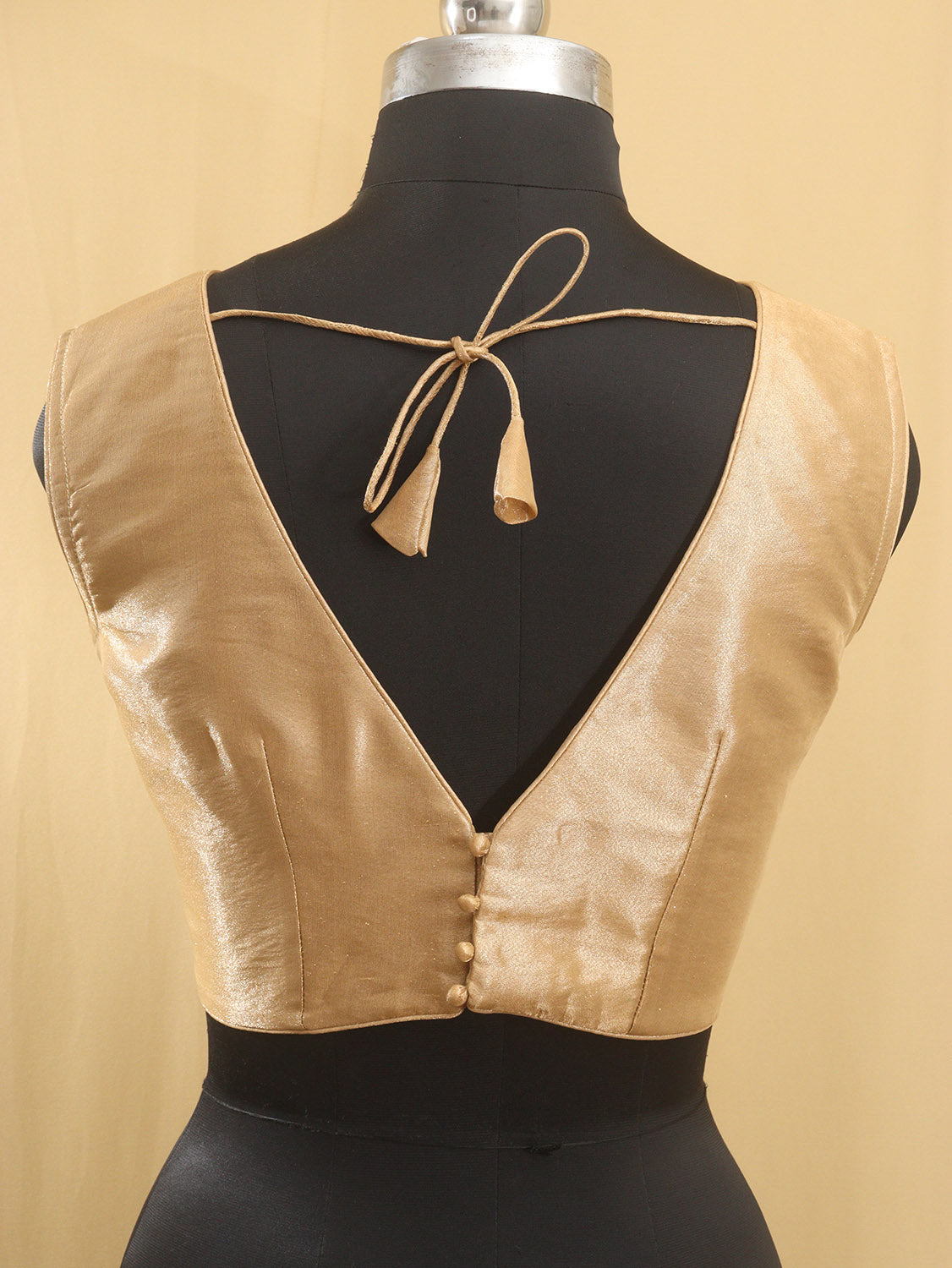 Golden Tissue Silk V neck Sleeveless Non Padded Stitched Blouse - Luxurion World