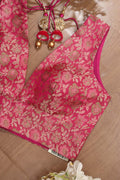 Pink Banarasi Silk Tanchui Jamawar Meenakari Deep V Neck Sleeveless Padded Stitched Blouse - Luxurion World
