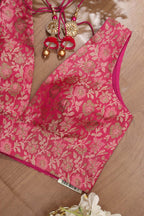 Pink Banarasi Silk Tanchui Jamawar Meenakari Deep V Neck Sleeveless Padded Stitched Blouse - Luxurion World