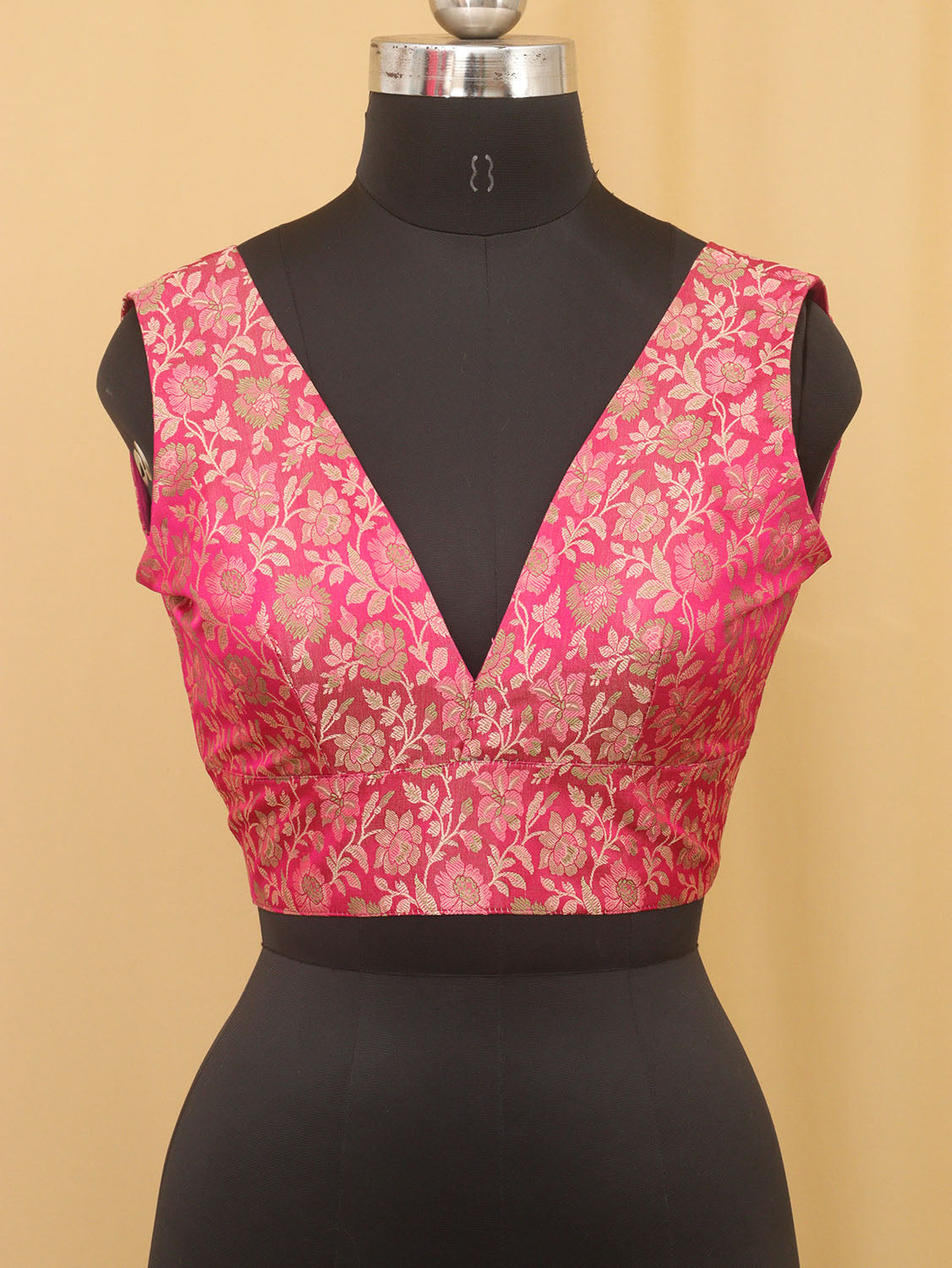 Pink Banarasi Silk Tanchui Jamawar Meenakari Deep V Neck Sleeveless Padded Stitched Blouse - Luxurion World
