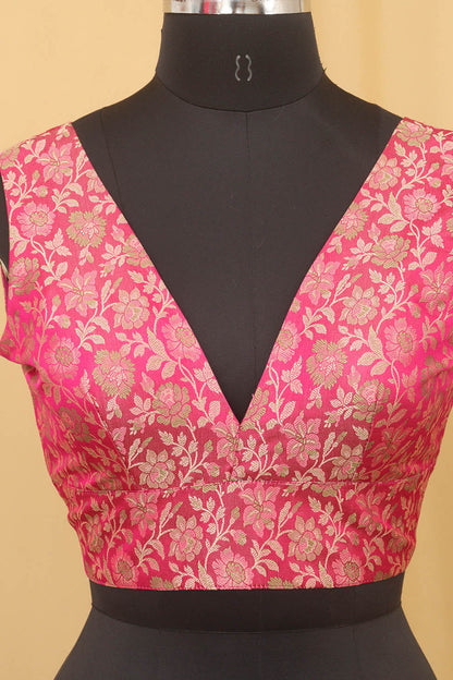 Pink Banarasi Silk Tanchui Jamawar Meenakari Deep V Neck Sleeveless Padded Stitched Blouse - Luxurion World