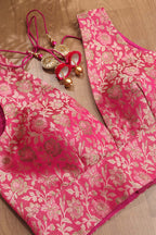 Pink Banarasi Silk Tanchui Jamawar Meenakari Deep V Neck Sleeveless Padded Stitched Blouse - Luxurion World