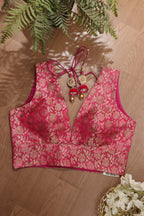 Pink Banarasi Silk Tanchui Jamawar Meenakari Deep V Neck Sleeveless Padded Stitched Blouse - Luxurion World